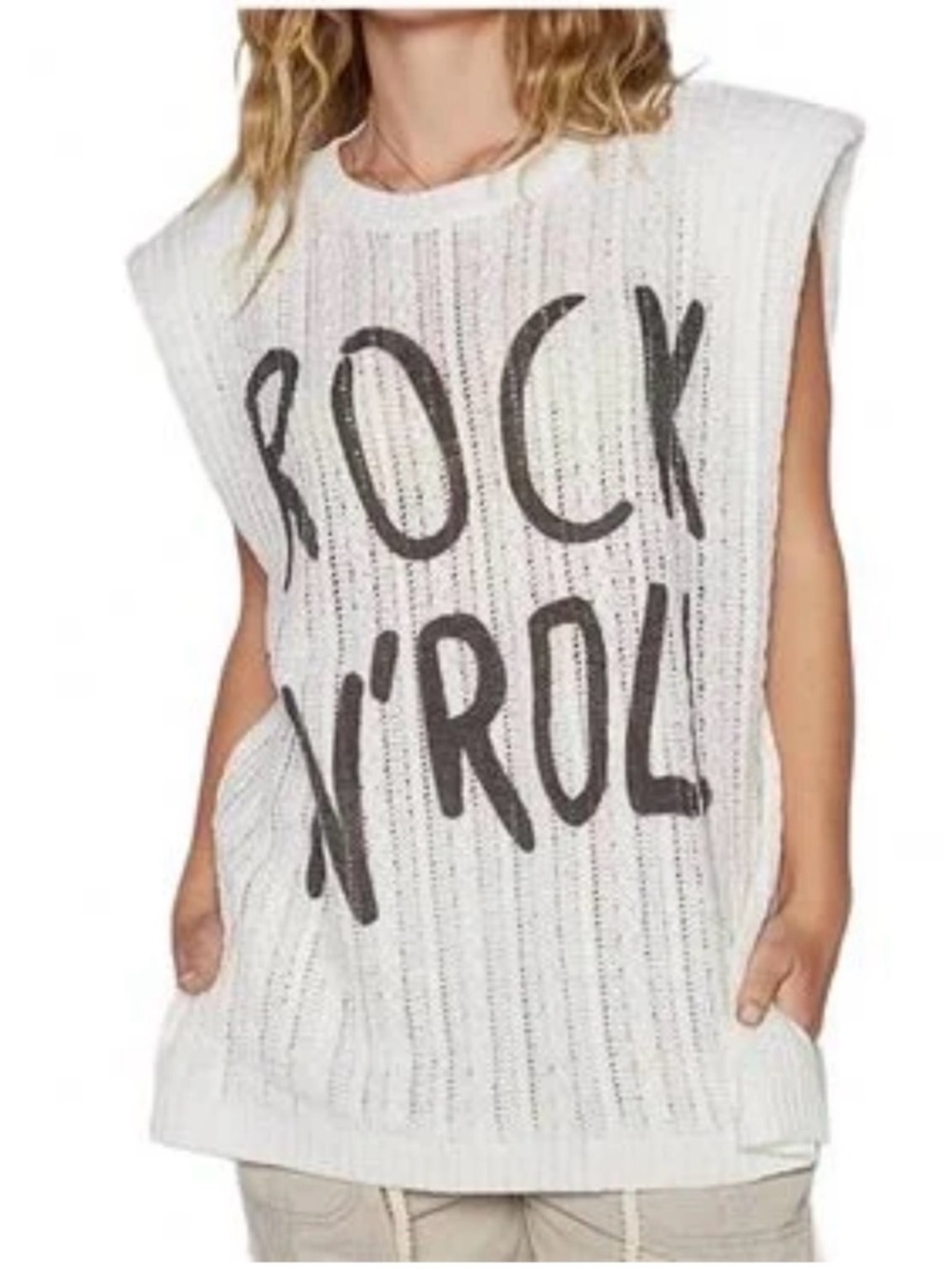 POL White Sleeveless Knit Vest Black 'Rock N' Roll'
